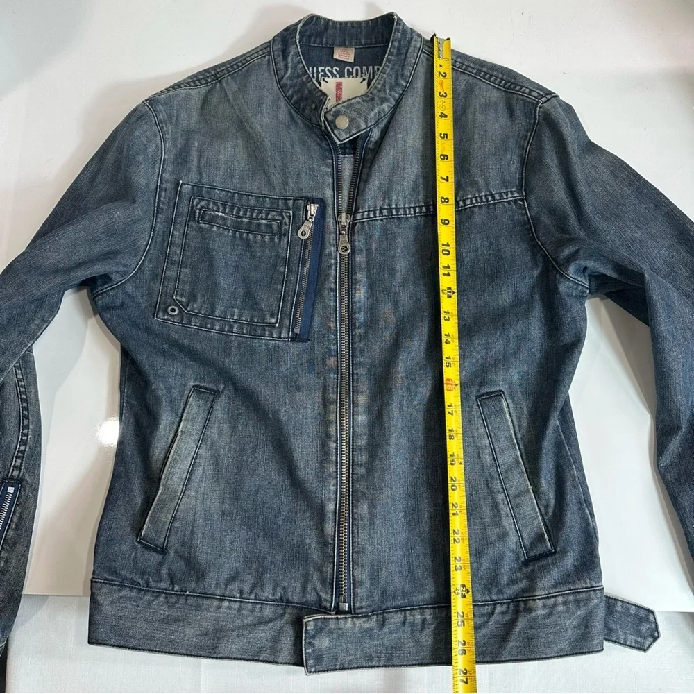 GUESS CAFE RACER jean jacket ZIP FRONT distressed blue denim UNISEX blue jean L